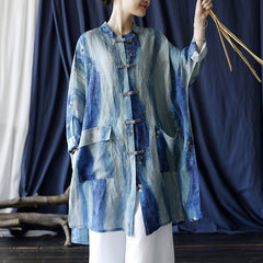 Blue striped linen printed shirt, loose casual linen long shirt