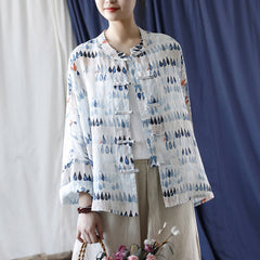 Vintage Standing Collar Printed Shirt, Chinese Loose Casual Cotton Linen Shirt