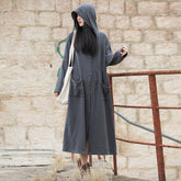 Loose Hooded Cotton Dress, Vintage Chinese Casual Hooded Long Shirt