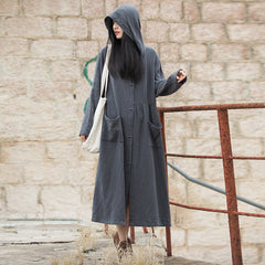 Loose Hooded Cotton Dress, Vintage Chinese Casual Hooded Long Shirt