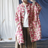 Red Printed Floral Cotton Linen Long Jacket , Vintage Chinese Frog Button Jacket