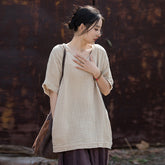 Women's V-Neck Cotton Linen Top, Summer Loose Short Sleeve Cotton T-Shirt