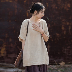 Women's V-Neck Cotton Linen Top, Summer Loose Short Sleeve Cotton T-Shirt