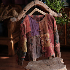 Vintage patchwork linen jacket, loose casual printed cotton and linen jacket