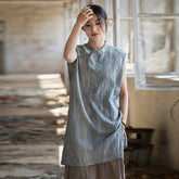 Vintage Standing Collar Cotton Linen Dress, Sleeveless Summer Dress