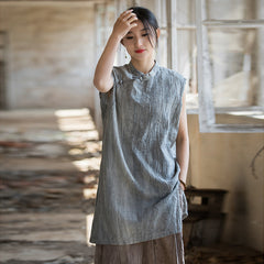 Vintage Standing Collar Cotton Linen Dress, Sleeveless Summer Dress