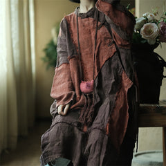 Vintage Patchwork Cotton Linen Dress, Loose Boat Neck Linen Dress