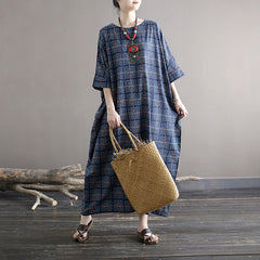 Oversize Plaid Printed Dress,Loose Casual Boat neck Cotton Dress Plus size