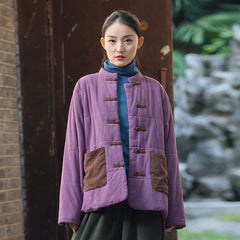 Patchwork Linen Winter Jacket, Chinese Vintage Frog Button Cotton Jacket