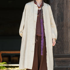 Loose Standing Collar Linen Long Shirt, Vintage Chinese Linen Shirt Plus size