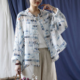 Vintage Standing Collar Printed Shirt, Chinese Loose Casual Cotton Linen Shirt