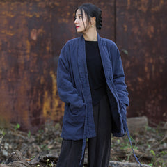 Loose Linen Kimono Jacket, Casual Cotton and Linen Winter Warm Jacket, Women's Chinese Lace-Up Winter Coat