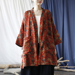 Red Loose Printed Cotton Kimono, Vintage Cotton Jacket