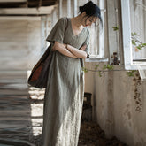 Loose V-neck stonewashed pleated tie-dye dress, summer vintage casual dresses