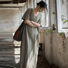 Loose V-neck stonewashed pleated tie-dye dress, summer vintage casual dresses