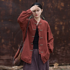 Vintage stand-up collar cotton linen shirt, Chinese long-sleeved cotton linen frog button shirt