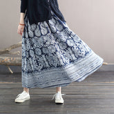 Vintage Printed Blue Skirt, Summer Elastic Waist Skirt