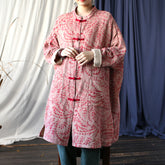 Red Printed Botanical Cotton Linen Long Jacket ,Vintage Chinese Frog Button Jacket