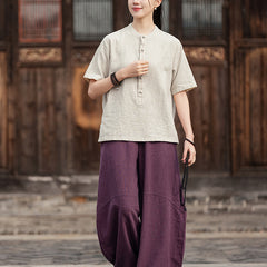 Retro Chinese stand-up collar frog button short-sleeved cotton shirt, summer casual loose cotton shirt 20250328