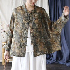 Vintage Chinese Standing Collar Loose Frog Button Shirt, Brown Printed Cotton Linen Jacket 20250408