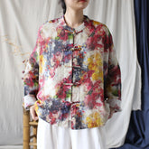Vintage Chinese Standing Collar Loose Frog Button Shirt, Printed Cotton Linen Jacket 20250408