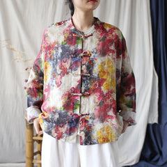 Vintage Chinese Standing Collar Loose Frog Button Shirt, Printed Cotton Linen Jacket 20250408