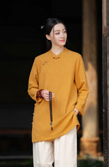 2026 Spring New Arrival: Retro Cotton-Linen Chinese-Style Stand-Collar, Color-Blocked, Button-Fastened, Wrap-Front Blouse for Women – Zen Tea Attire