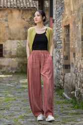 Vintage cotton linen tapered wide-leg pants, elastic waistband stonewashed personalized casual pants 20250604