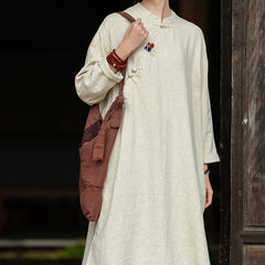 Women's Vintage Chinese Frog Button Long Sleeve Cotton and Linen Long Shirt, Standing Collar Loose Cotton and Linen Jacket 20240920