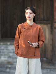2026 Spring New Arrival: Original Cotton-Linen Women's Chinese-Style Stand-Collar Top, Tea Ceremony-Style Women's Diagonal-Placket Color-Blocked Button-Down Shirt