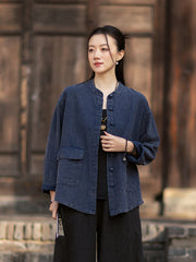 2026 Spring New Arrival: Boho-Retro Stand-Collar Distressed Double-Breasted Button-Down Cotton-Linen Blouse for Women