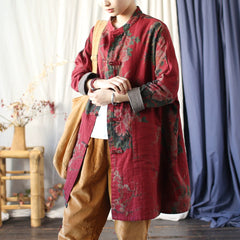 Vintage Frog Button Stand-up Collar shirt, Oversize Printed Red peony Cotton Linen Jacket 20250408