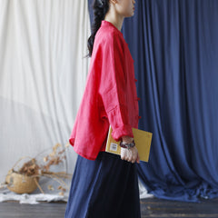 Summer Standing Collar Women Ramie Frog Button Shirt, Literary Retro Long Sleeve Loose Light Cardigan 20240802