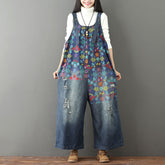 Printed floral stonewashed cotton overalls, women's denim washed overalls