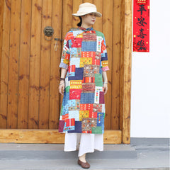 Summer Printed Cotton Linen Cheongsam, Vintage Chinese Square Printed Dresses 20250408