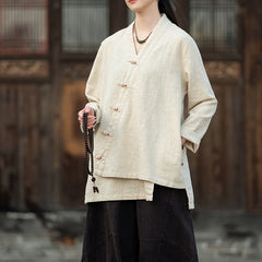Summer V-neck cotton linen jacket, vintage casual loose kimonot 20250328