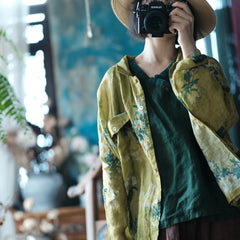 Vintage Yellow Digital Print Pure Ramie Shirt, Summer Loose Casual Shirt 240621