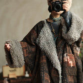 Original Vintage-Style Shearling Collar Quilted Cotton-Lined jacket,Oversize Printed bamboo leaf Cotton Linen Jacket