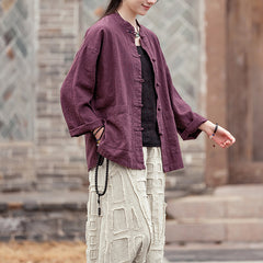 Vintage Chinese stand-up collar frog button long-sleeved cotton shirt, casual loose cotton jacket 20250328