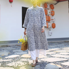 Summer Printed Cotton Linen Cheongsam, Vintage Chinese flower Printed Dresses 20250408