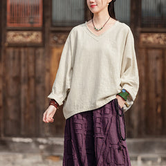 Long-sleeved V-neck cotton shirt, summer casual loose cotton shirt 20250328