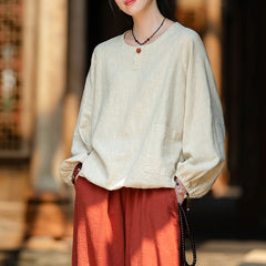 Loose long-sleeved cotton linen T-shirt, vintage round neck cotton linen button top shirt 20240920