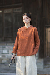2026 Spring New Arrival: Original Cotton-Linen Women's Chinese-Style Stand-Collar Top, Tea Ceremony-Style Women's Diagonal-Placket Color-Blocked Button-Down Shirt