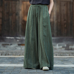 Personalized Patchwork Natural Raw Edge Linen Personalized Women's Wide Leg Pants (Fall/Winter) 20240920