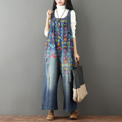 Printed floral stonewashed cotton overalls, women's denim washed overalls