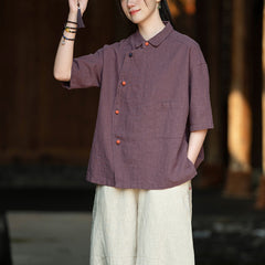 Cotton linen short-sleeved frog button shirt, summer vintage Chinese cotton linen shirt 20250328