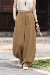 Summer Loose-Fit Zen-Inspired Boho Retro Elastic Waist Slimming Drapey Casual Pants Linen Bell-Bottom Pants 20260511