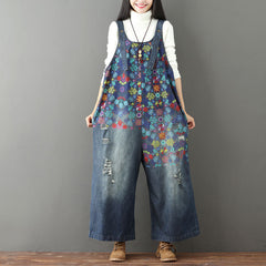 Printed floral stonewashed cotton overalls, women's denim washed overalls