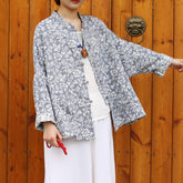 Vintage Chinese Standing Collar Loose Frog Button Shirt, Printed flower Cotton Linen Jacket 20250408