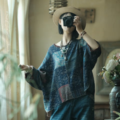 Vintage Literary Digital Printed Cotton Round Neck Raw Edge T-Shirt Top 240621